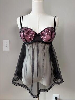 Victoria’s Secret 36B Pink and Black Mesh Babydoll Top Delicate Feminine Fairy